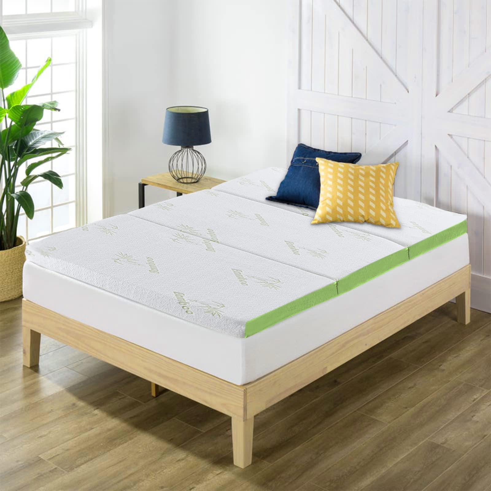 RXRRXY RXRRXY Tri-Folding Mattress, Mattress Topper with Memory Foam, Breathable Mesh Sides, Non-slip Bottom & Soft Washable Bamboo Cover, 4 Inch Mattress for Camping, Play Mat, Guest Beds, Dorm Room (Queen)