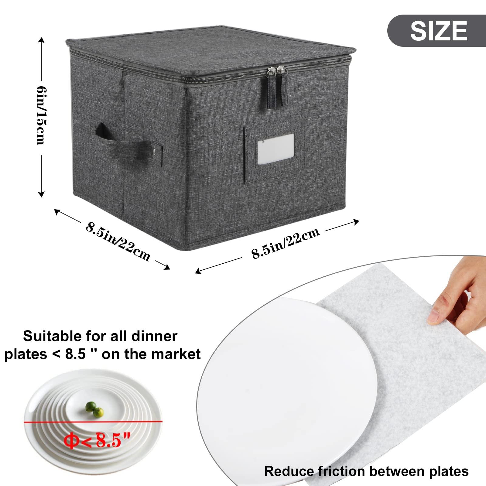 popoly popoly China Storage Container for Bowls or Dessert Plates, 8.5" W x 6" H Plate Storage Case with 24 Felt Dividers, Hard Shell and Stackable (2 Pack Grey)