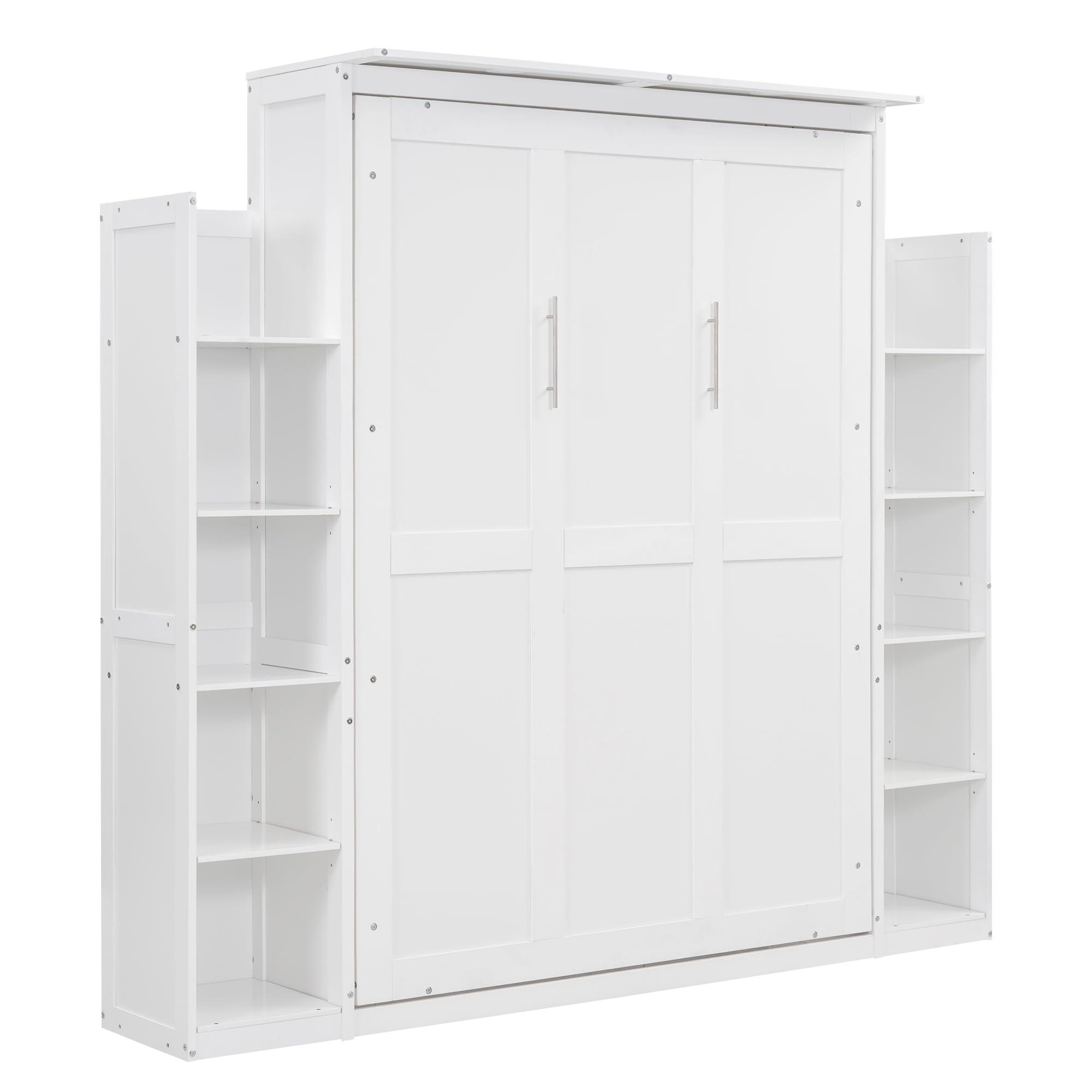 Generic Full Size Murphy Bed Wall Bed with Shelves and LED Lights,White