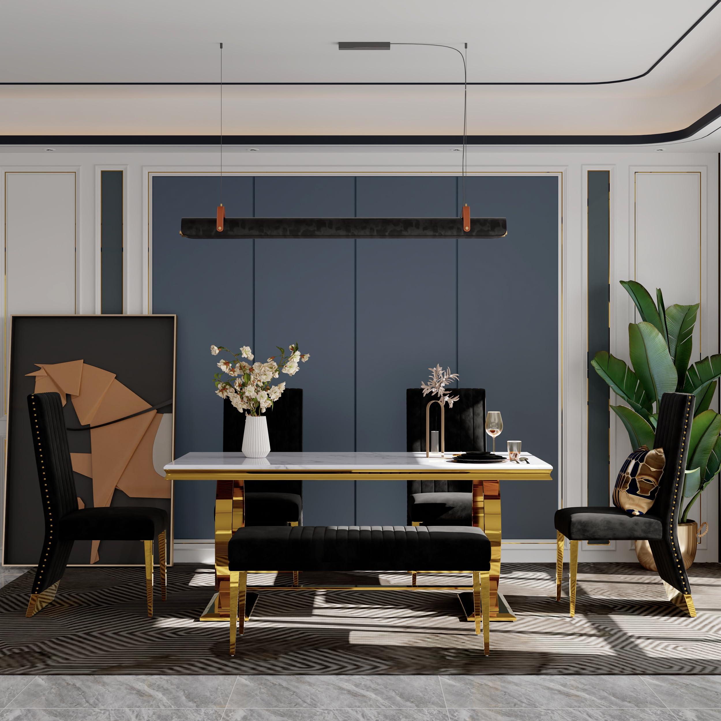 AUZ AUZ 44\" Bench, Black Velvet Upholstered Dining Room Bench, Vertical Channel Ottoman with Gold Stainless Steel Legs