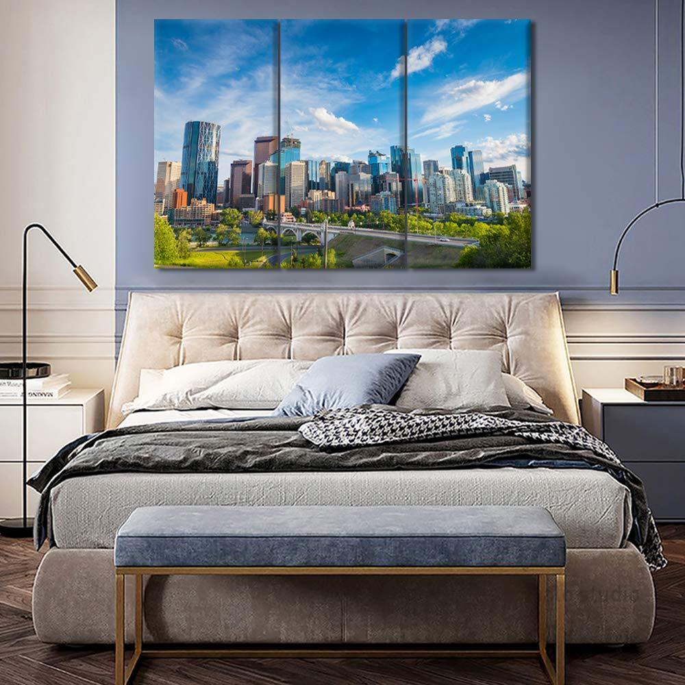 TUMOVO TUMOVO 3 Piece Wall Decorations for Living Room Calgary Skyline Wall Art Downtown Cityscape Poster Prints on Canvas Modern Calgary, Alberta, Canada Home Decor Framed Ready to Hang (20 x 40 inch x3)