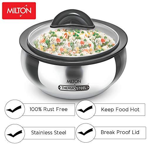 MILTON Milton Casserole with Glass Lid Set of 3 for Hot Food, Insulated Hot Pot, Stainless Steel, Serving Box (bowl, dish) for Food and Roti, Sizes 19 oz, 41 oz and 66 oz, Clarion