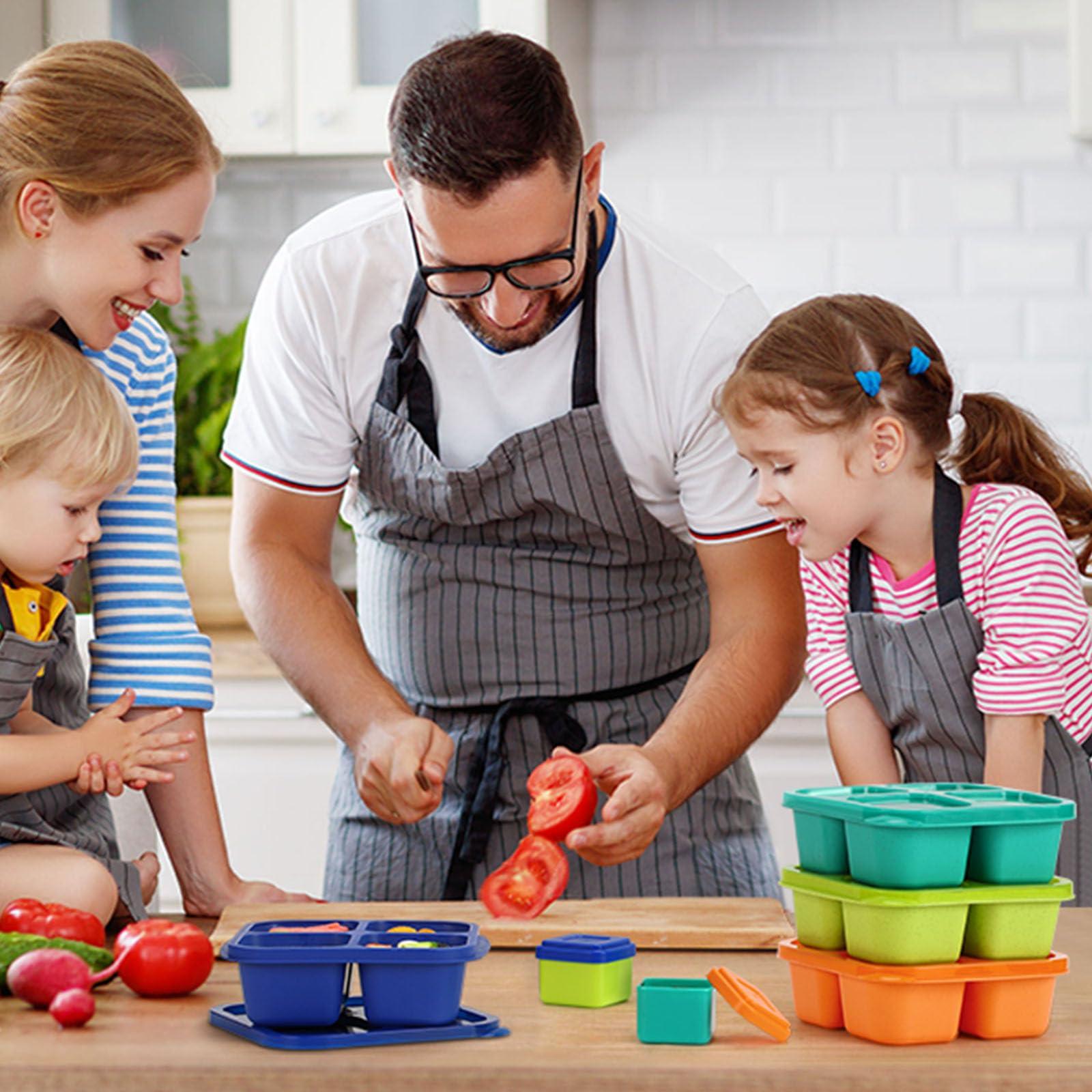 Caperci Caperci Lunchable Snack Containers - 4 Compartments Bento Snack Boxes (4 Pack) with 2 Leakproof Sauce Containers, Reusable Divided Food Containers for School, Work, Travel (Jewel Brights)