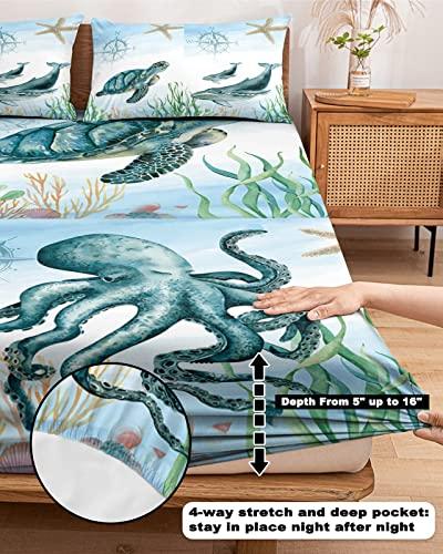 Chucoco Cal King Fitted Sheet Deep Pocket,Ocean Marine Life Turtle Octopus Compass Soft Microfiber Brushed Bed Sheet & Pillowcase Set,Seahorse Starfish Nautical Hotel Fitted Bottom Sheets All Around Elastic