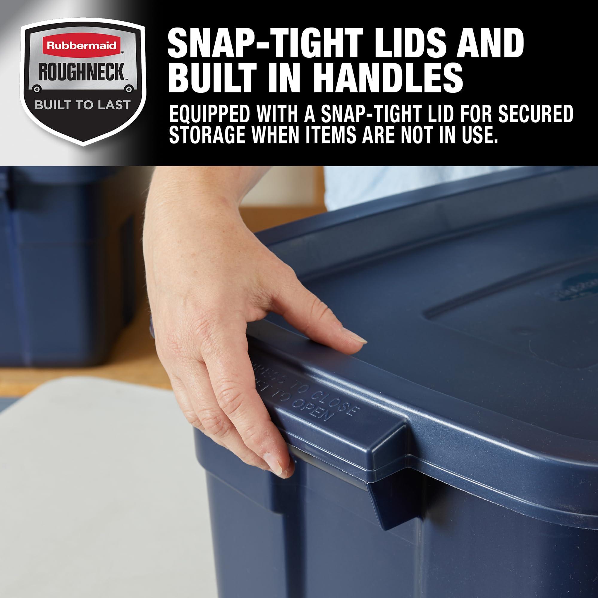 Rubbermaid Rubbermaid Roughneck Tote 14 Gal, 6 Pack, Made in USA, Dark Indigo Metallic, Rugged Plastic Stackable Storage Bins with Lids and Handles