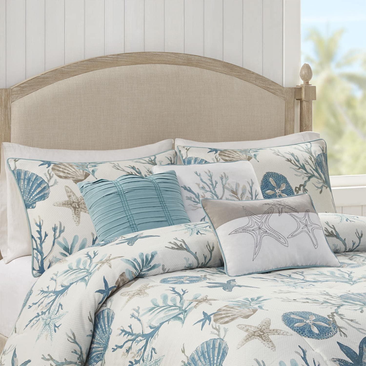 Madison Park Madison Park Pebble Beach 100% Cotton Comforter Set - Coastal Coral, Starfish Design All Season Down Alternative Cozy Bedding with Matching Shams, Decorative Pillow, Queen(90\"x90\") Aqua 7 Piece