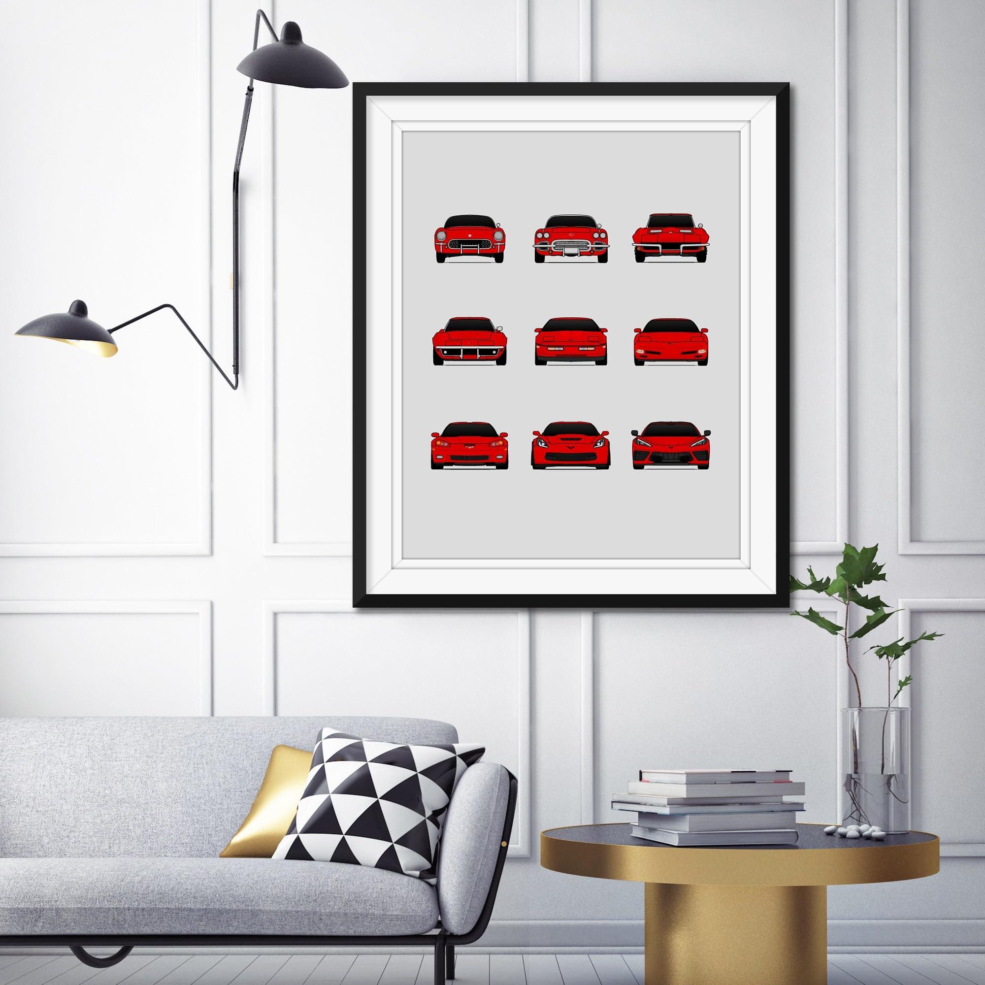 Custom Car Posters Custom Car Posters History of Chevy Corvette Generations and Handmade Print of Chevrolet Corvette (C1 C2 C3 C4 C5 C6 C7 C8) - Multi, 8x10\" Satin Print (Unframed)- Gift Car Enthusiast