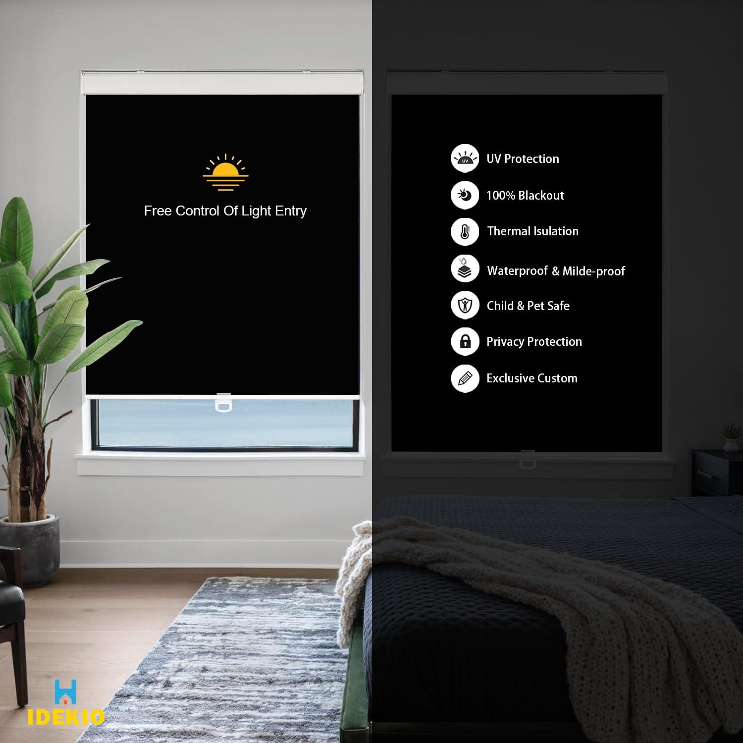 IDEKIO Blackout Roller Blinds for Windows,Custom Size Cordless Black Out Roller Shades,Thermal Insulated Privacy UV Protection Window Shades,Easy to Install,Black,31" W x [25" H to 98" H Customize]