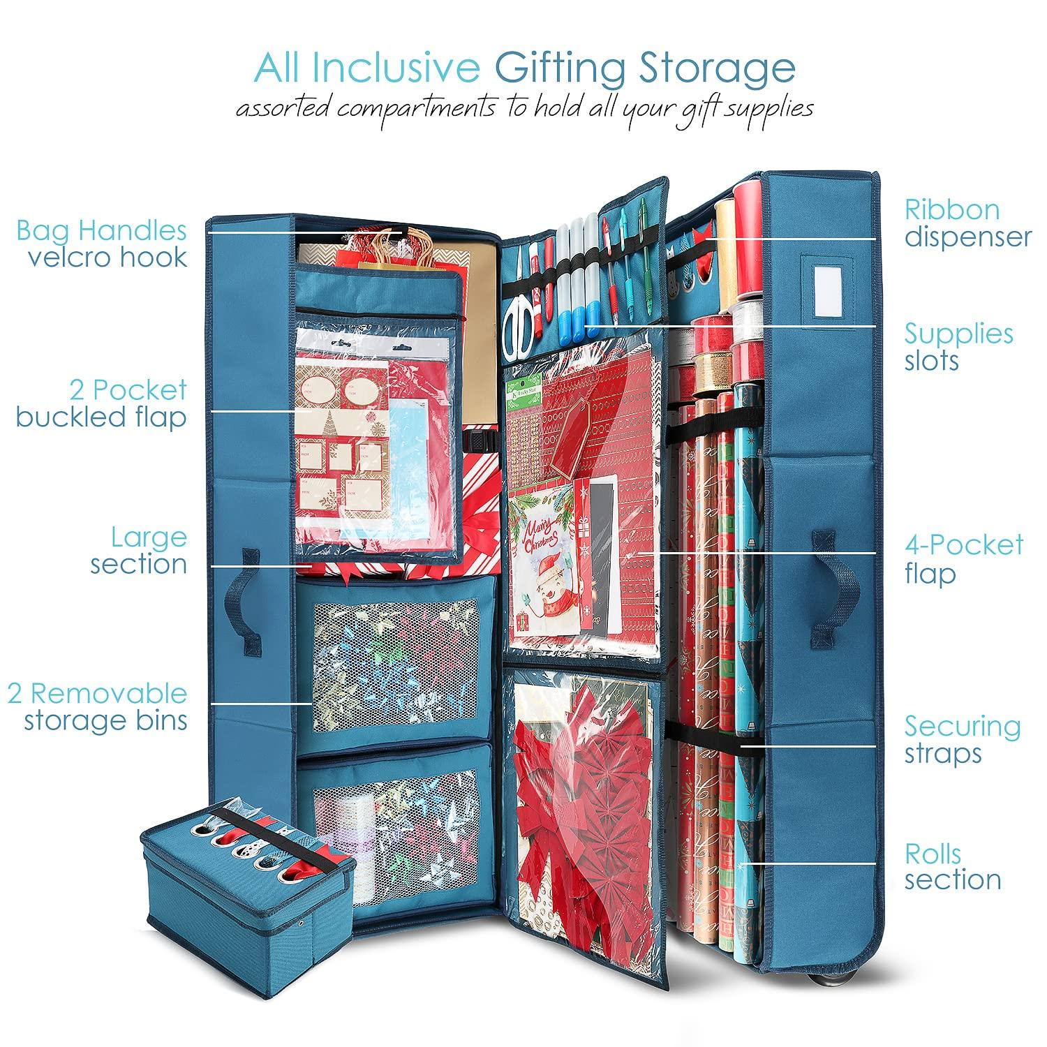 Hearth & Harbor Hearth & Harbor Holiday Storage with Christmas Bins and Ribbon Organizer - Fade Resistant Wrapping Paper Containers with Wheels Fits Up to 30 Rolls