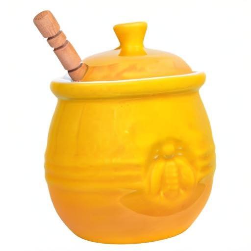 Creative Co-Op Creative Co-Op Yellow Stoneware Honey Pot with Lid & Wood Honey Dipper