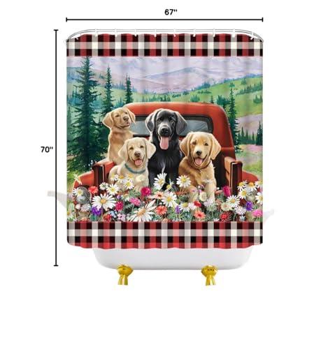 JEJOMEAG JEJOMEAG Dog Shower Curtain Cute Farmhouse Animals Retro Red Truck Rustic Daisy Floral Spring Country Fabric Bathroom Curtain with Hooks, 67x70 Inch