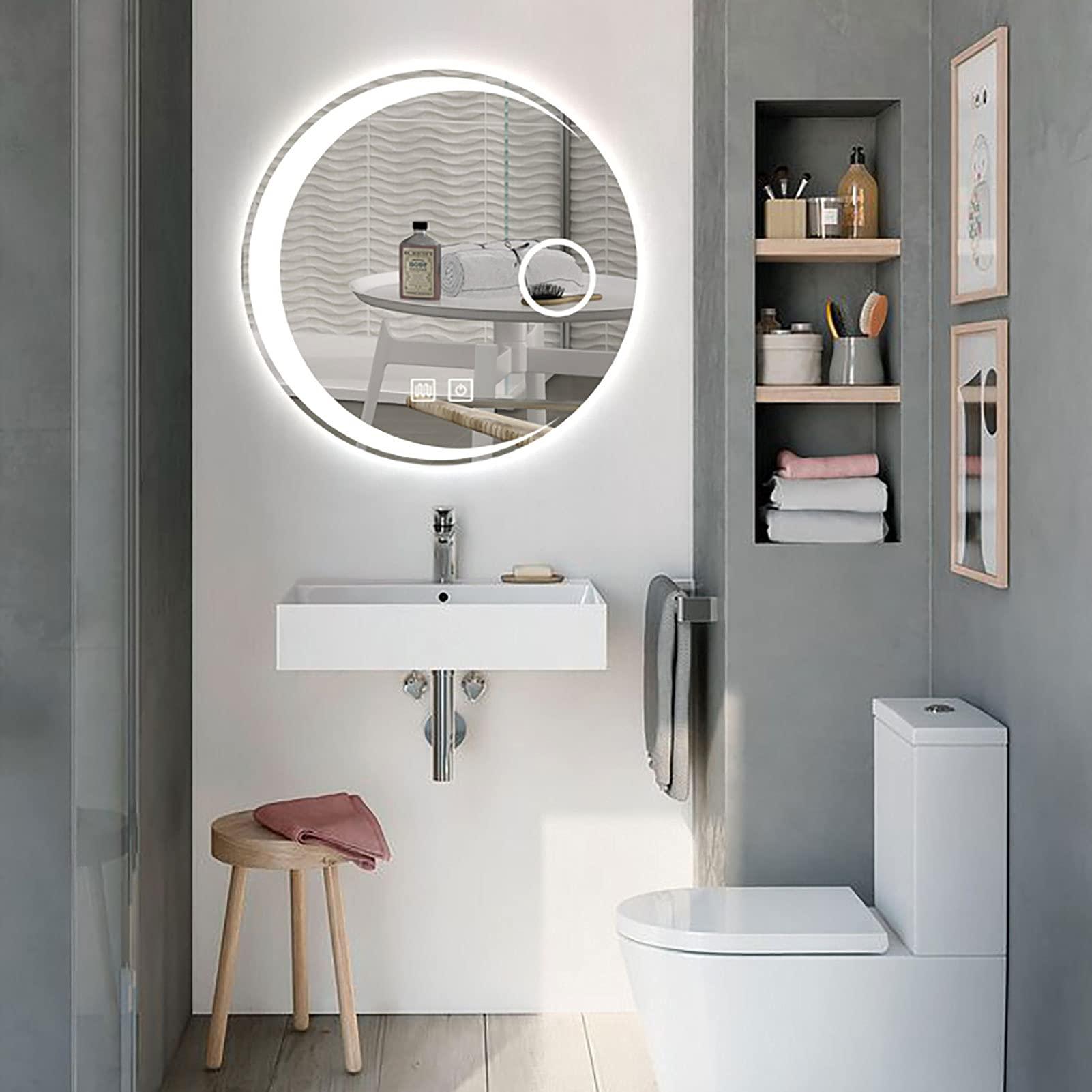 WXZX LED Round Mirror Bathroom Vanity Mirror Lighted Makeup Mirror with Lights and Magnifier Circle Moon Wall Mounted Mirror, Dimmable, for Washroom, Entryway, Living Room, Vanity Mirror and More