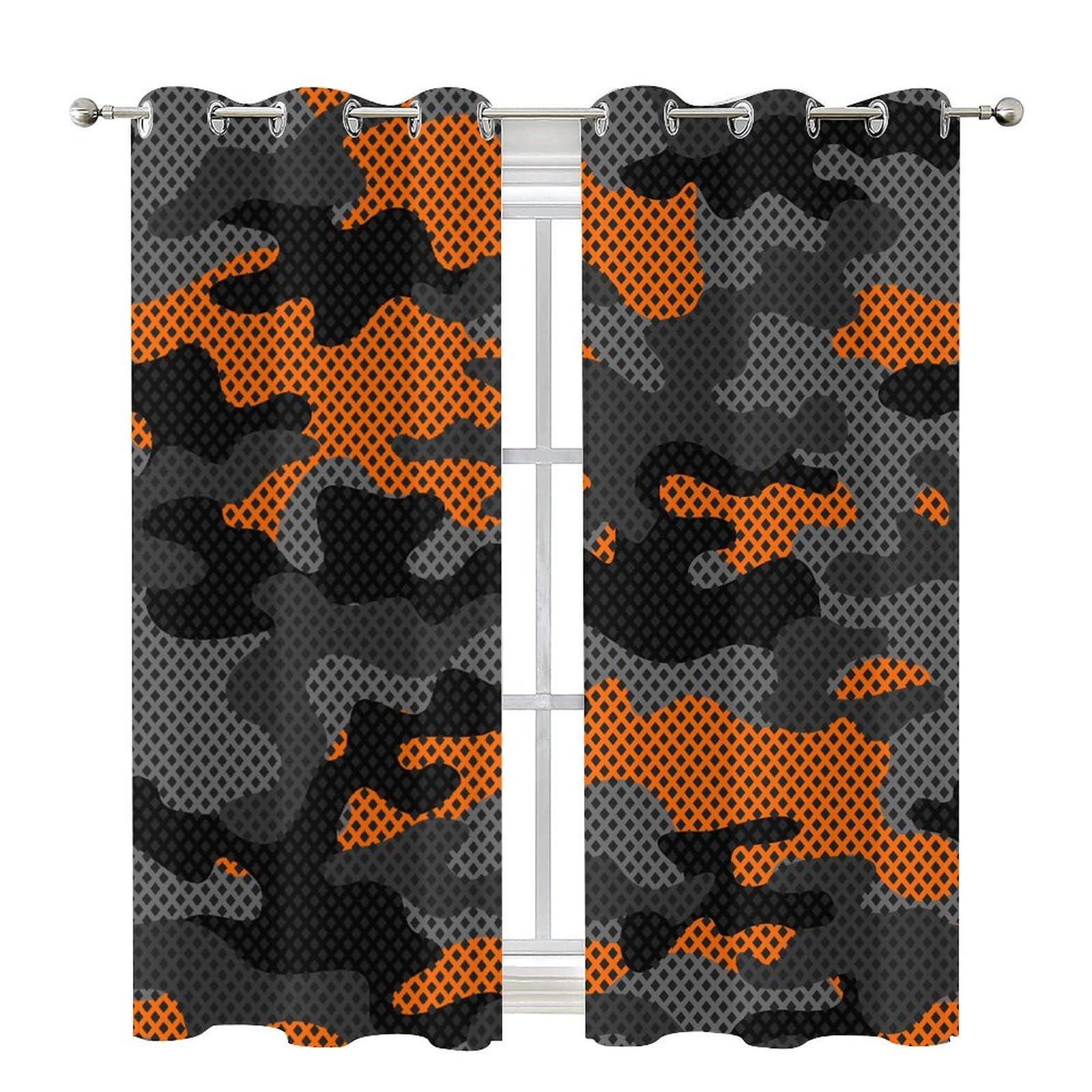 JretailAx Abstract Orange Black Grey Camo Curtains - Modern Hunting Theme Military Room Decor Army Camouflage Window Treatment,Energy Saving Thermal Insulated Grommet Top Blackout Curtains 84L x 42W,2 Panels