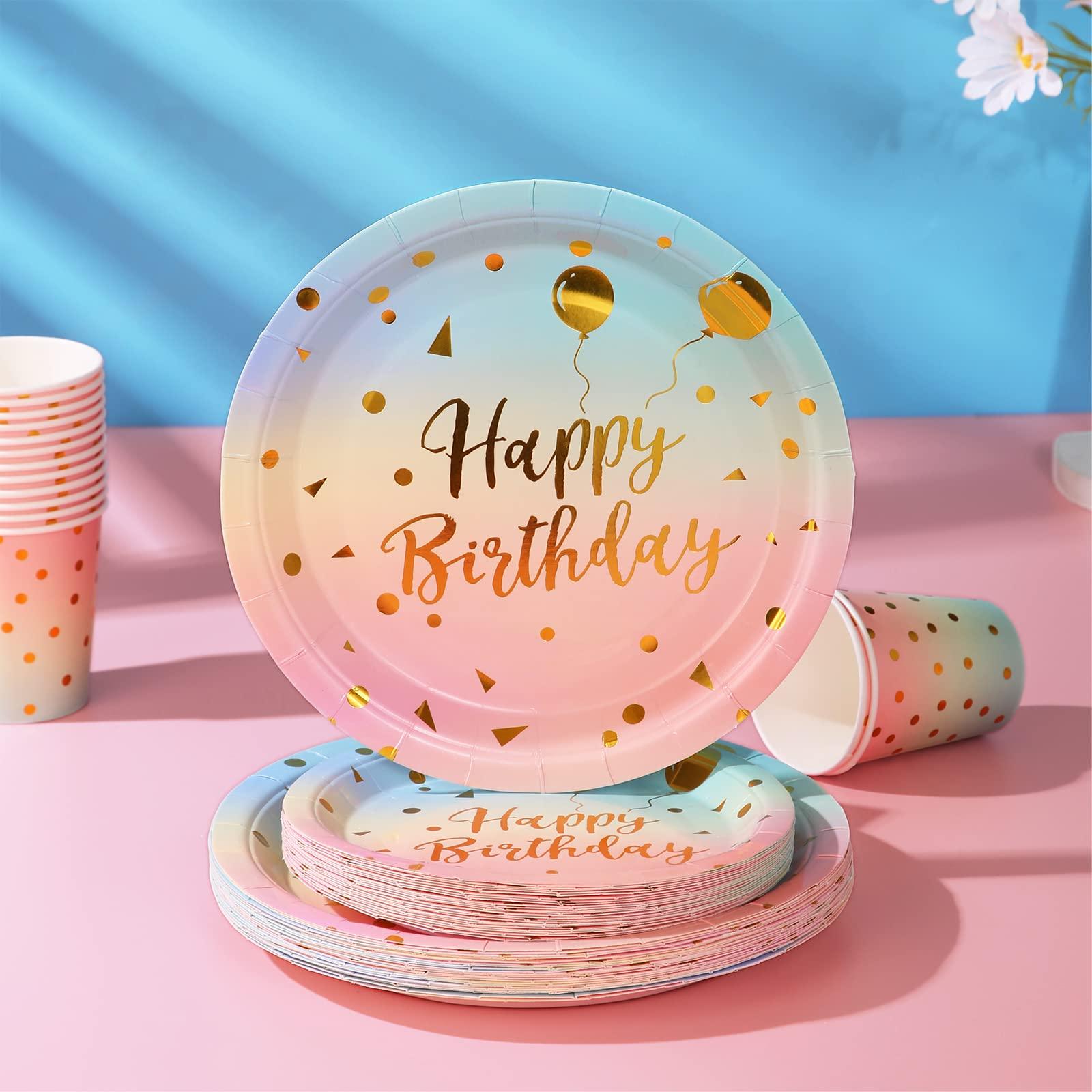 Boocikey Boocikey 200 Pcs Pastel Party Supplies Birthday Party Plates and Napkins Sets,Disposable Pastel Birthday Plates - Rainbow Paper Plates Napkins Cups for Birthday Baby Shower Party Decorations