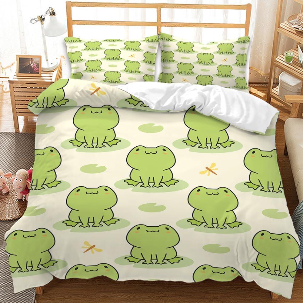 BIDY Kawaii Cartoon Frog Pattern Bedding Duvet Cover Set for Childern Twin Size Fish Cloud Music Note Print Comforter Cover Set Girls Boys Teens Bedroom Quilt Cover Set with 1Pillowcase