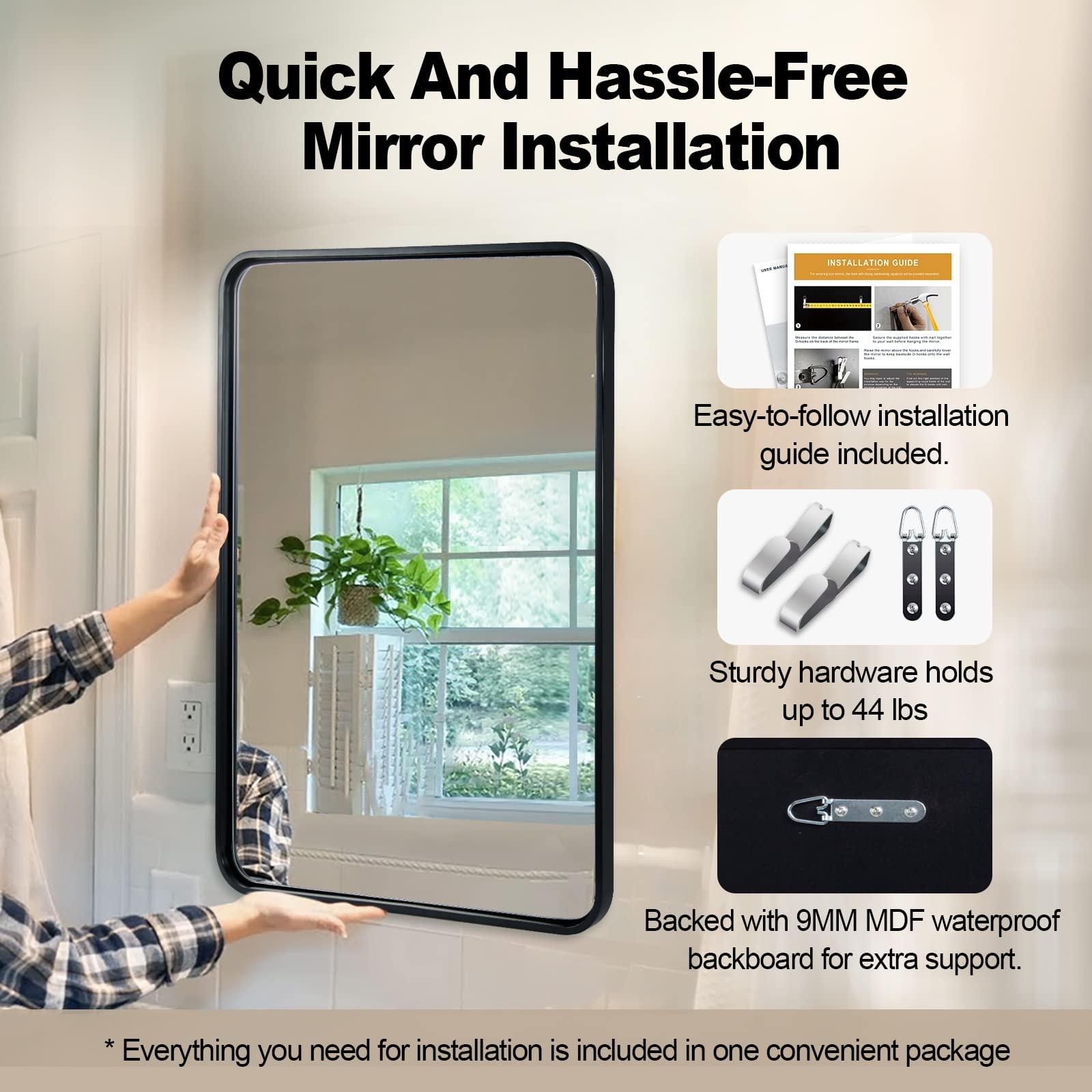 ANDY STAR ANDY STAR Matte Black Mirror for Bathroom, 20x28 Inch Rounded Rectangle Mirror, Modern Vanity Mirror Tube Metal Frame HD Reflection Wall-Mounted Mirrors Vertically or Horizontally