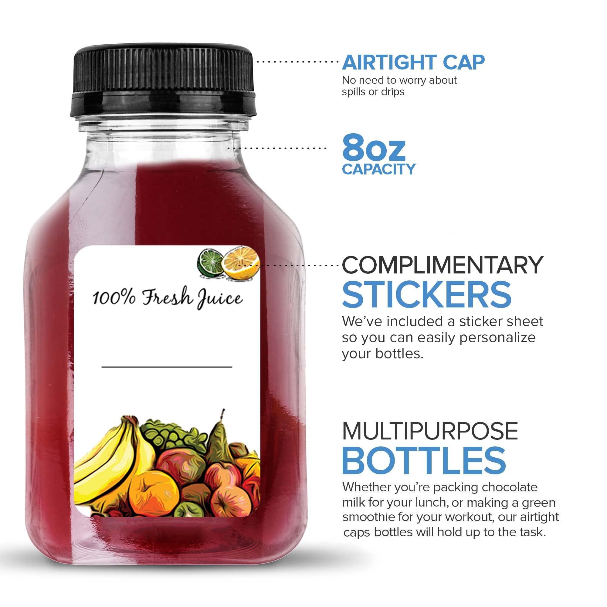 Stock Your Home 8 oz Juice Bottles with Caps for Juicing (12 pack) - Reusable Clear Empty Plastic Bottles - 8 Oz Drink Containers for Mini Fridge, Juicer Shots - Mini Water Bottles - Includes Labels, Brush & Funnel