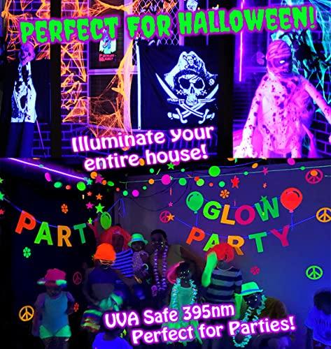 Glow Party World Black Lights for Glow Party! 115W Blacklight LED Strip kit. 4 UV Lights to Surround Your neon Party. Ultraviolet Lighting for Big Rooms. Easy Set up! Glow in The Dark Party Supplies. Fiesta Luz Negra