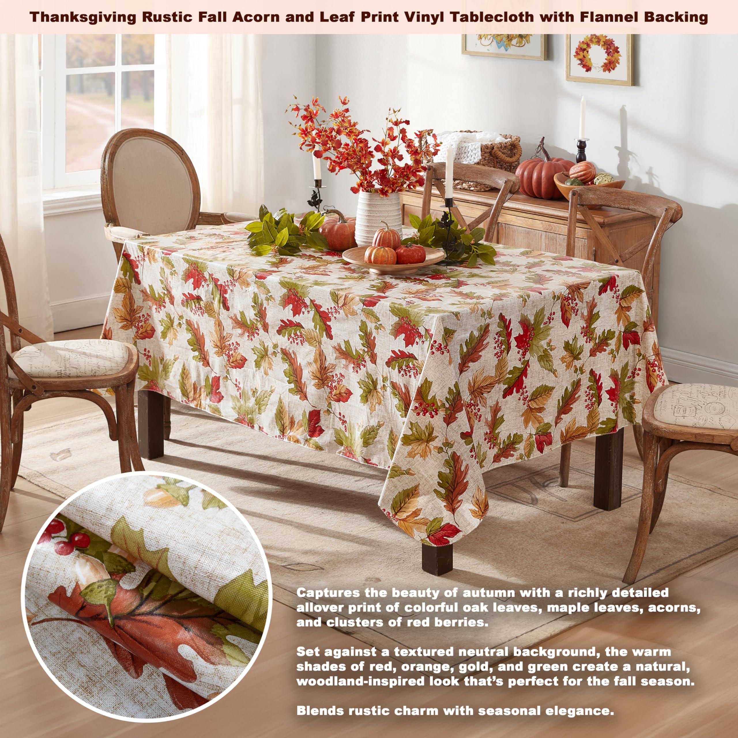 Newbridge Newbridge Rustic Fall Acorn and Leaf Print Autumn Vinyl Flannel Backed Tablecloth, Thanksgiving Autumn Leaves Kitchen Dining Room Vinyl Tablecloth with Flannel Backing, 52\" x 52\" Square