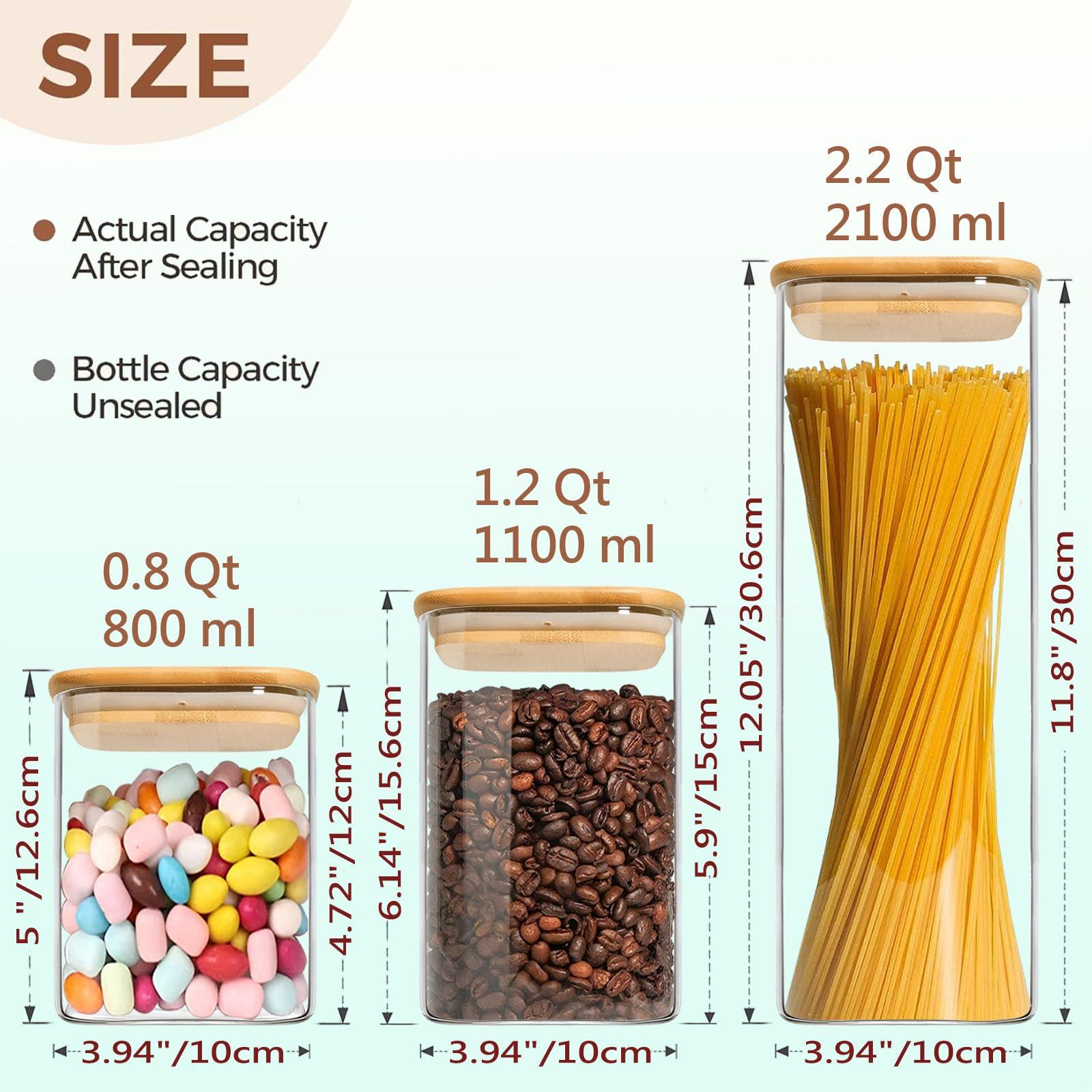 VIEWELLD VIEWELLD Food Storage Containers with Airtight Bamboo Lids Set of 5, Glass Canisters with Airtight Lids, Glass Food Storage Containers for Pasta, Oats, Coffee, Flour, Sugar, Best for Kitchen, Square