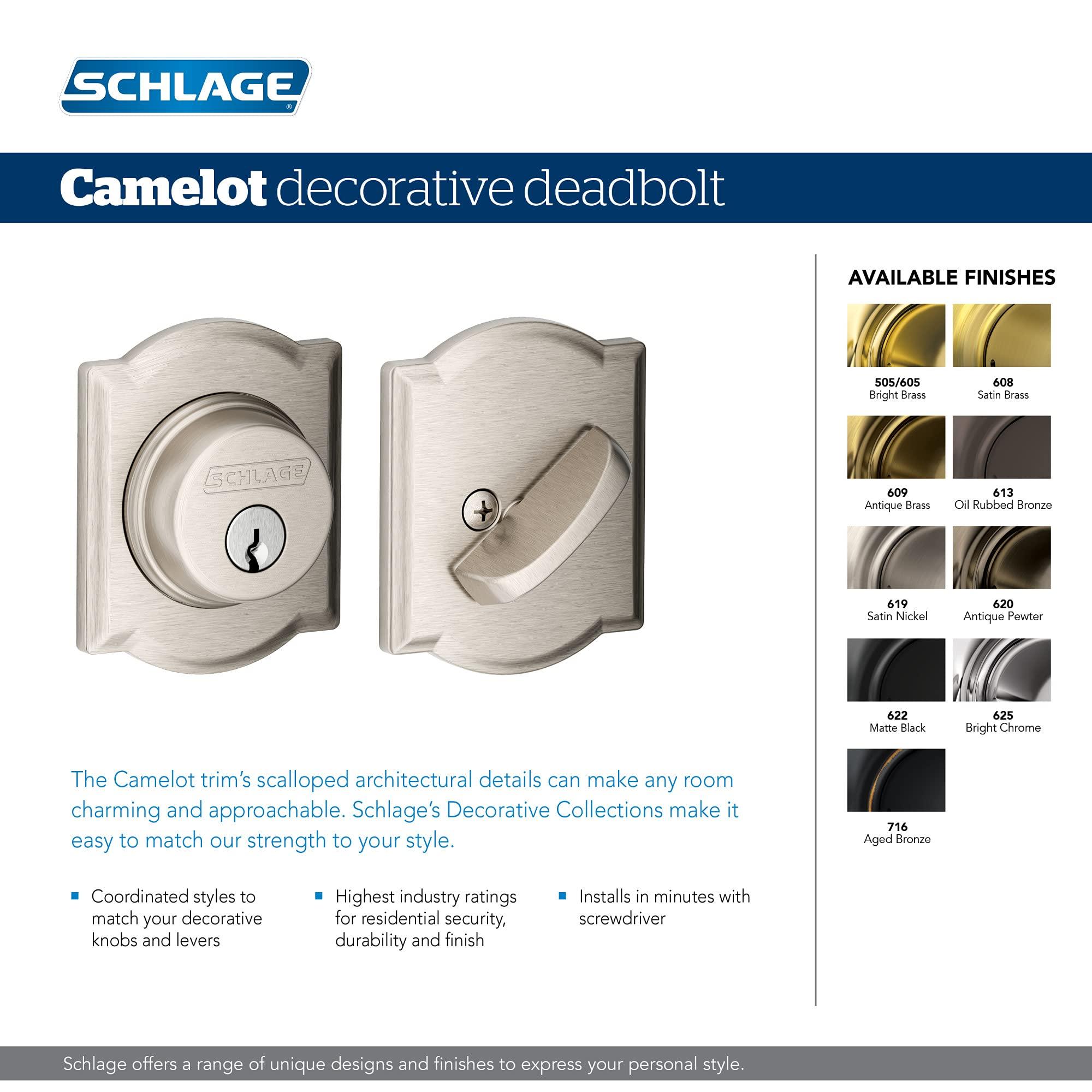 SCHLAGE Schlage B60 N CAM 605 Deadbolt with Camelot Trim, Keyed 1 Side, Highest Residential Security, Bright Brass
