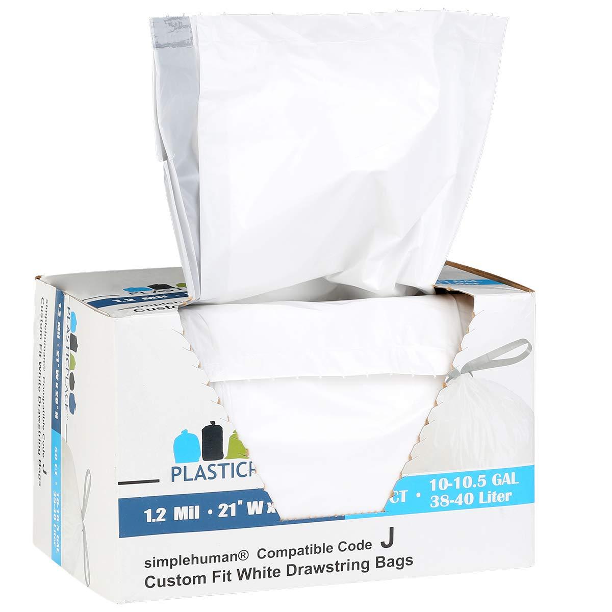 Plasticplace Plasticplace Custom Fit Trash Bags, Compatible with simplehuman Code J (50 Count), White Drawstring Garbage Liners 10-10.5 Gallon / 38-40 Liter, 21\" x 28\"