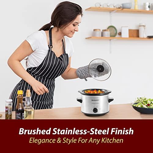 Elite Gourmet Elite Gourmet MST-250XS Electric Slow Cooker Ceramic Pot, Adjustable Temp, Entrees, Sauces, Stews & Dips, Dishwasher Safe Glass Lid & Crock, 1.5 Quart, Stainless Steel