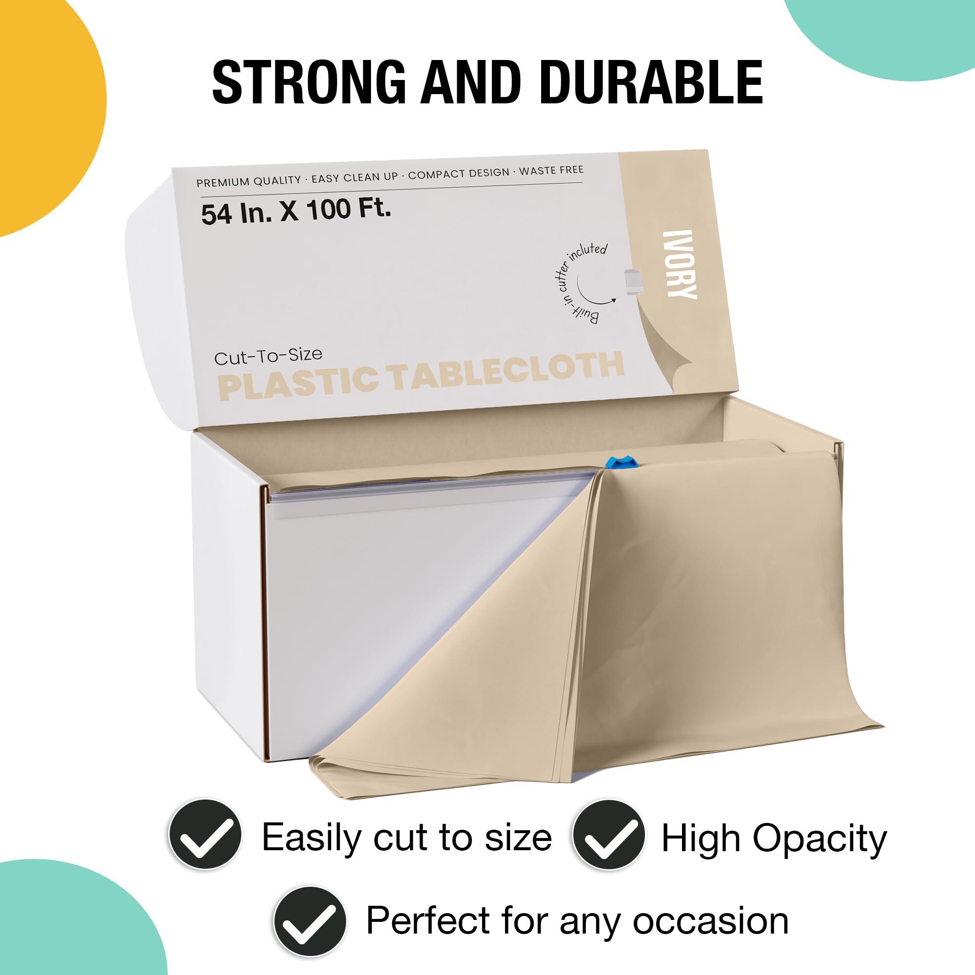Exquisite Exquisite 54 Inch X 100 Feet Ivory Plastic Table Cover Roll in A Cut - to - Size Box with Convenient Slide Cutter. Cuts Up to 12 Rectangle 8 Feet Plastic Disposable Tablecloths