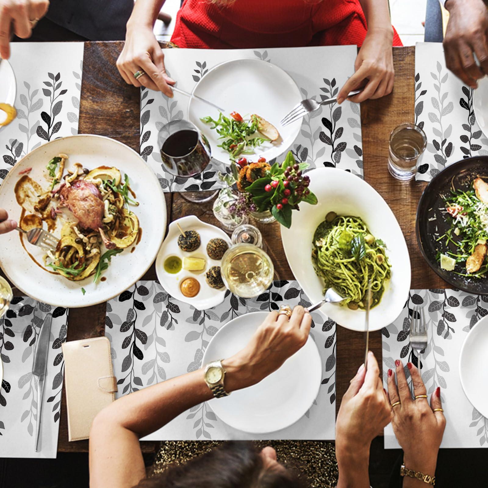 Gehucoxee Black Grey Botanical Placemats for Dining Table Set of 4, Washable Placemats Cotton Linen Place Mats for Kitchen/Dining, Farmhouse Table Mats Country Leaves Geometric Texture