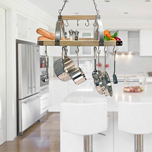 Elegant Designs Elegant Designs PR1001-WOD 2 Light Kitchen Wood Pot Rack with Downlights, Wood with Brushed Nickel Accents