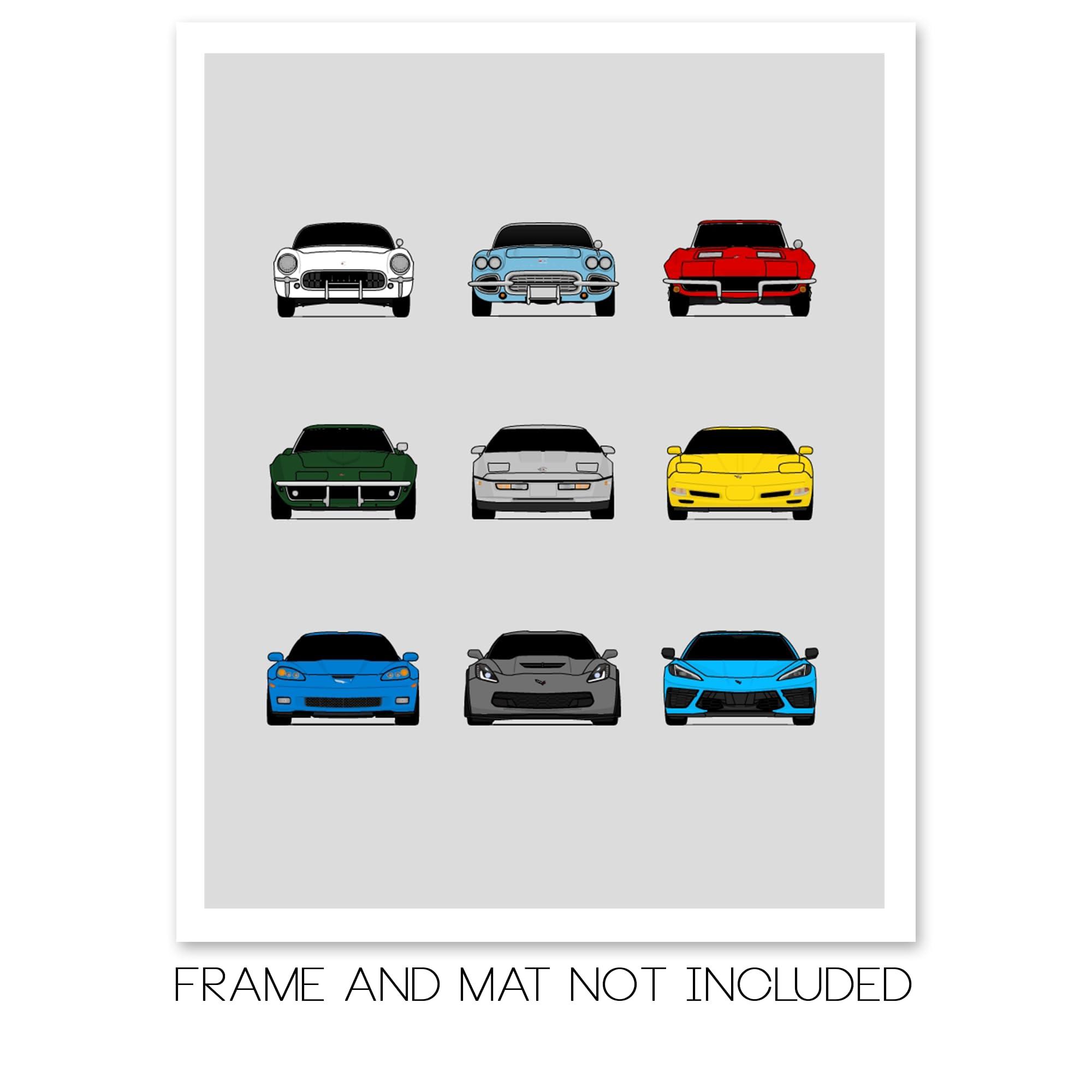 Custom Car Posters Custom Car Posters History of Chevy Corvette Generations and Handmade Print of Chevrolet Corvette (C1 C2 C3 C4 C5 C6 C7 C8) - Multi, 8x10\" Satin Print (Unframed)- Gift Car Enthusiast