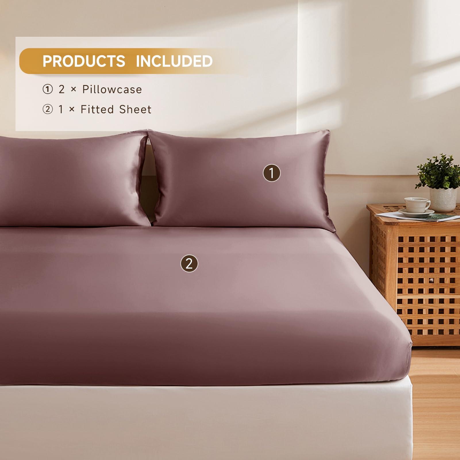 THXSILK THXSILK Silk Cal. King Fitted Sheet 3Pcs Set, 6A+ Top Grade 100% Pure Mulberry Silk Bed Sheets Set Luxury Bedding Sheet for Hair and Skin, 1 Fitted Sheet with 2 Pillowcases, Purple