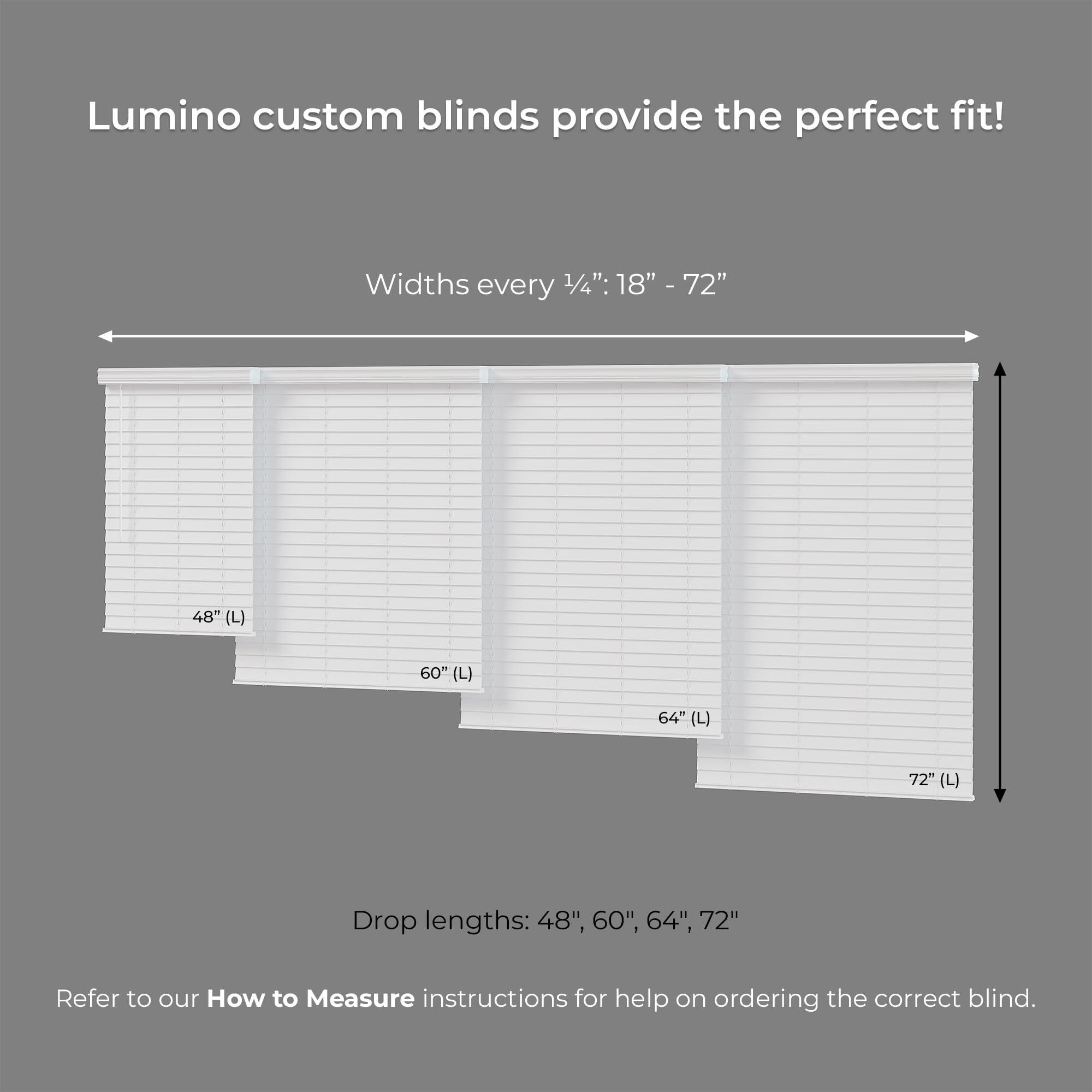 Lumino 2.5 Inch Cordless Faux Wood Blind, 60" W x 60" L - White Plantation Style Venetian Blinds, Over 400 Custom Sizes Starting at 29.97, Room Darkening Shades for Interior Windows by Lumino