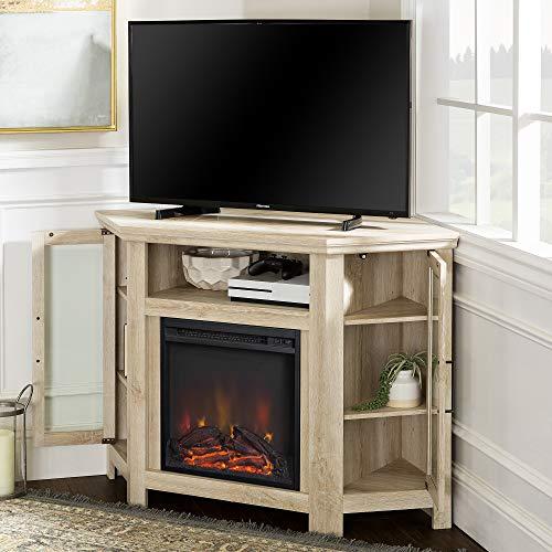 Walker Edison Walker Edison Alcott Classic Glass Door Fireplace Corner TV Stand for TVs up to 55 Inches, 48 Inch, White Oak