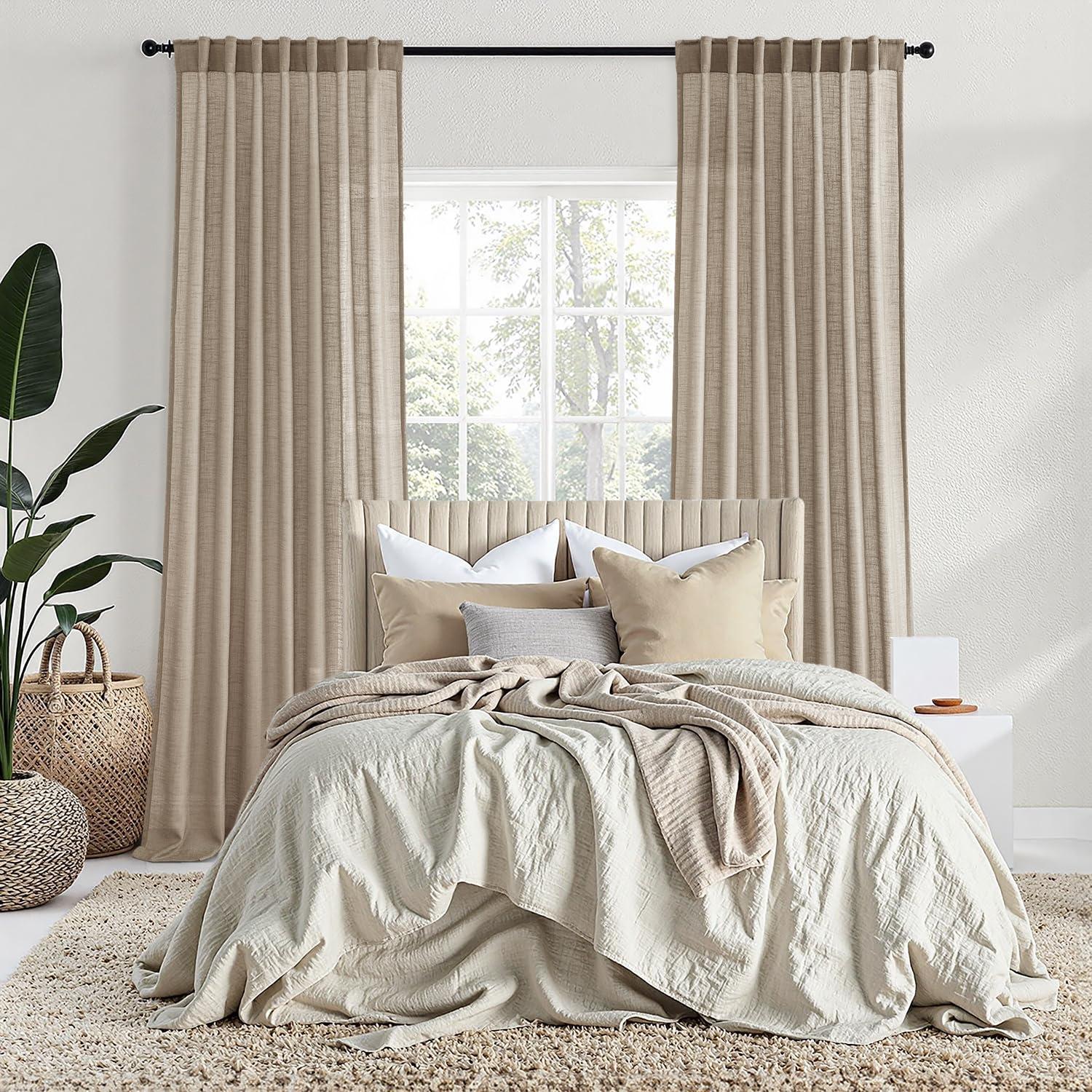 MIULEE MIULEE Taupe Linen Curtains 90 Inch Length 2 Panels for Bedroom Living Room, Back Tab & Hook Belt Pleated Soft Thick Linen Textured Window Drapes Semi Sheer Light Filtering Farmhouse Burlap Look Decor