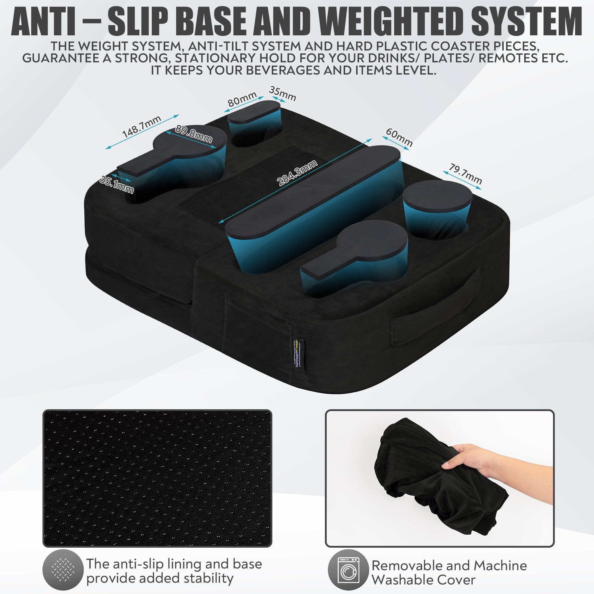 TabCouchCaddy TabCouchCaddy - Couch Cup Holder Tray Pillow - Bed, Couch Caddy, Sofa, RV & Car - Holds Drinks, Snacks, Remotes, Phones, Kindle, Tablet | Bed Cup Holder (Black)