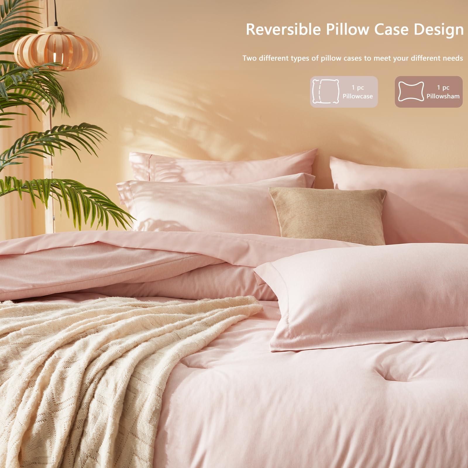 UNILIBRA UNILIBRA King Comforter Set 7 Pieces Bed in a Bag - Light Pink King Soft Bedding Set for All Seasons - Cationic Dyeing Bed Comforter Sets with Comforter, Flat Sheet, Fitted Sheet, Pillowcases & Shams