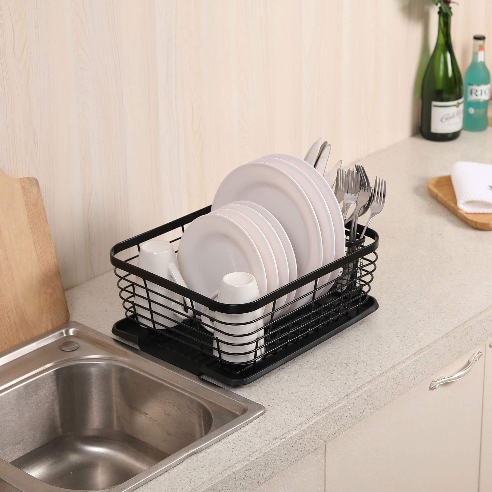 TQVAI TQVAI Kitchen Dish Drainer Rack with Drying Board and Full-Mesh Silverware Utensils Holder, Black