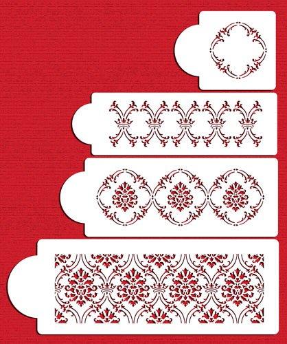 Designer Stencils Designer Stencils C702 Royal Damask Cake Stencil Set, Beige/semi-transparent 3.5 X 3.5, 2.8 X 9.4, 3.5 X 12.25, 4.2 X 12.75