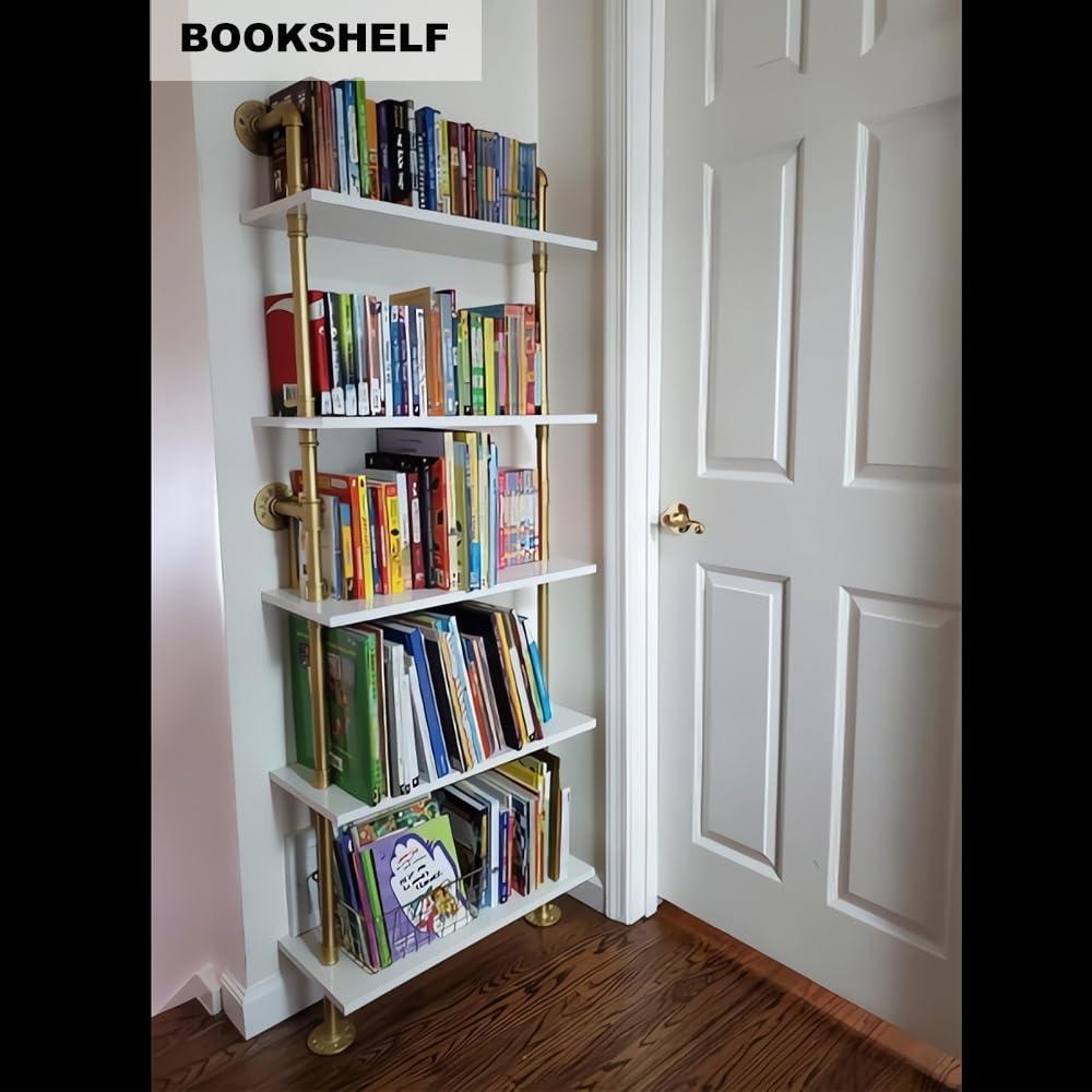 HEONITURE HEONITURE 5 Shelf Modern Gold Bookshelf, Wall Mount White Bookcase, Ladder Shelf with Metal Frame, Display Shelf Shelves for Living Room/Home/Office