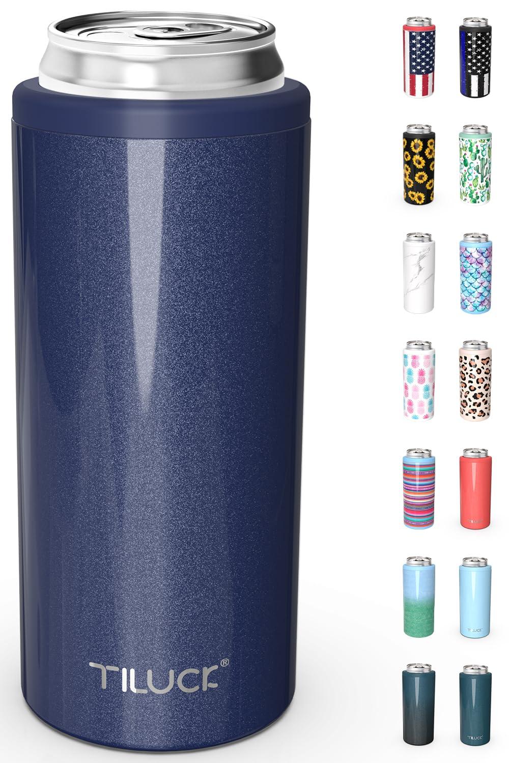 TILUCK TILUCK Skinny Can Cooler for Slim Beer & Hard Seltzer, Stainless Steel, Doucle-Walled Stainless Steel Insulated Slim Cans, Standard 12 oz (Glitter Navy)