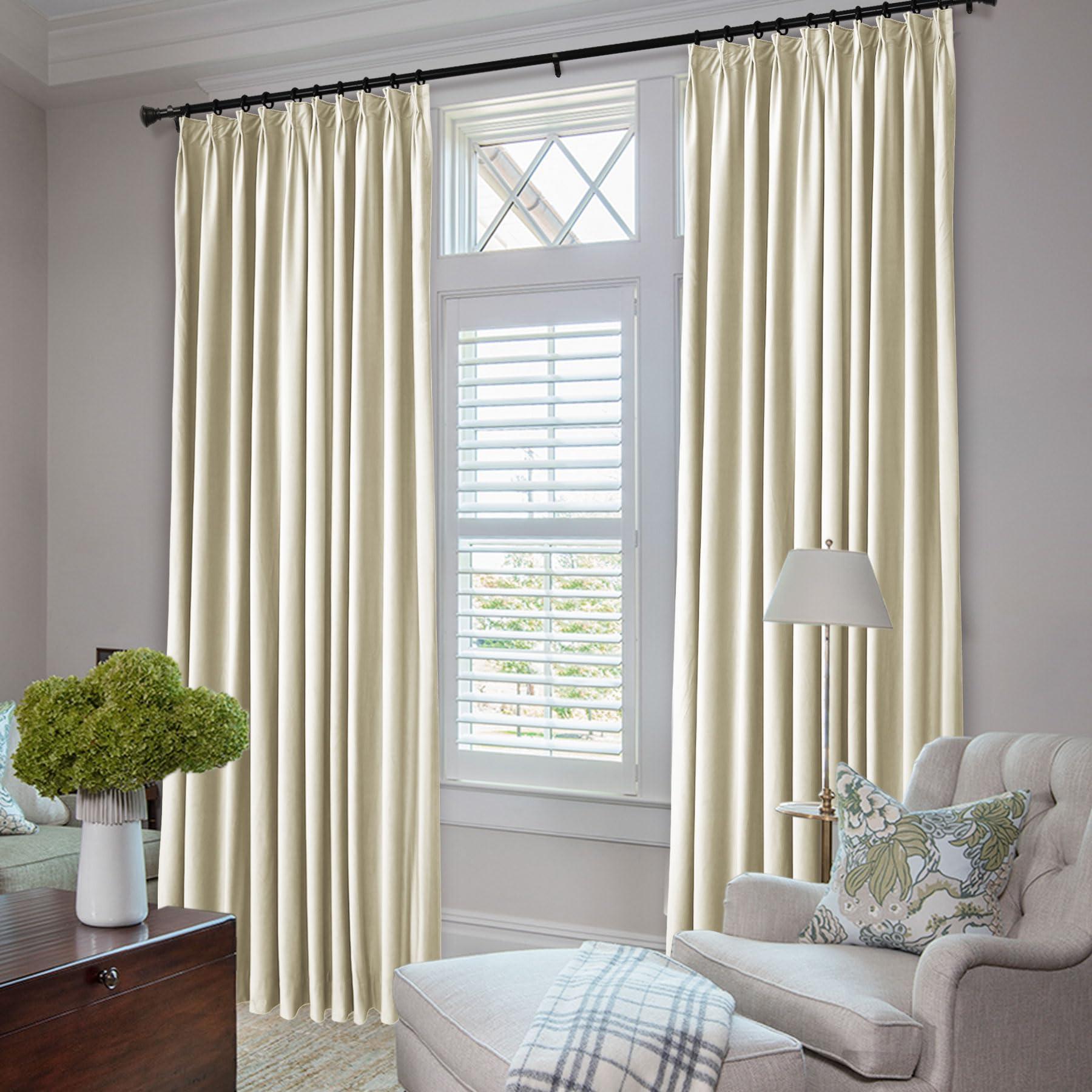Frelement Frelement Pinch Pleat Velvet Curtains for Bedroom Sliding Glass Door Room Darkening Window Treatment Thermal Insulated Privacy Window Drapes, 100" W x 84" L, 2 Panels, Tofu White