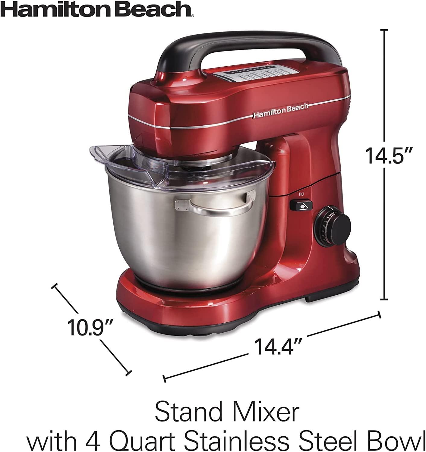Hamilton Beach Hamilton Beach Electric Stand Mixer, 4 Quarts, Dough Hook, Flat Beater Attachments, Splash Guard 7 Speeds with Whisk, Red