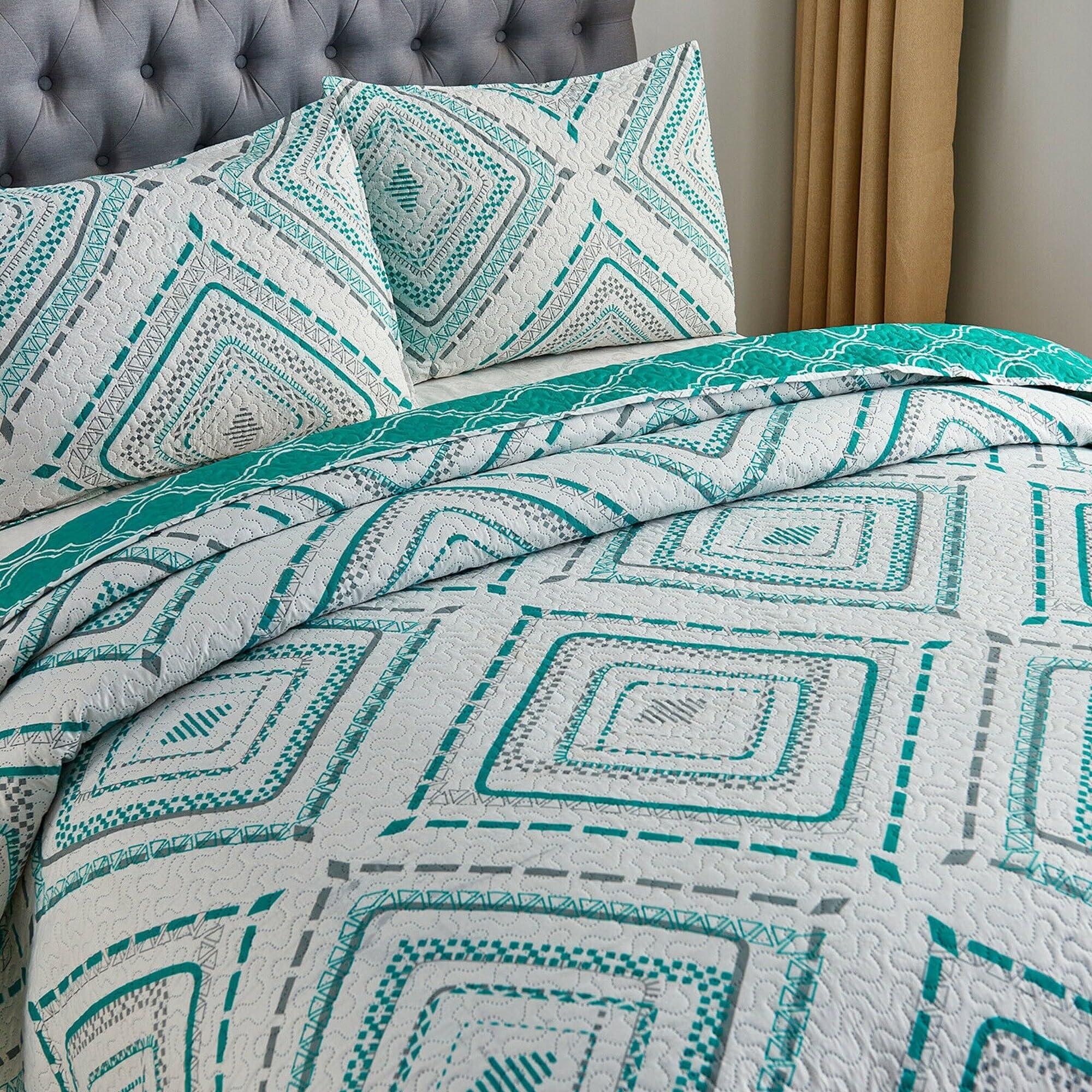 Overstock Overstock 3 Piece Microfiber King Quilt Plaid Patchwork Bedding Set Turquoise