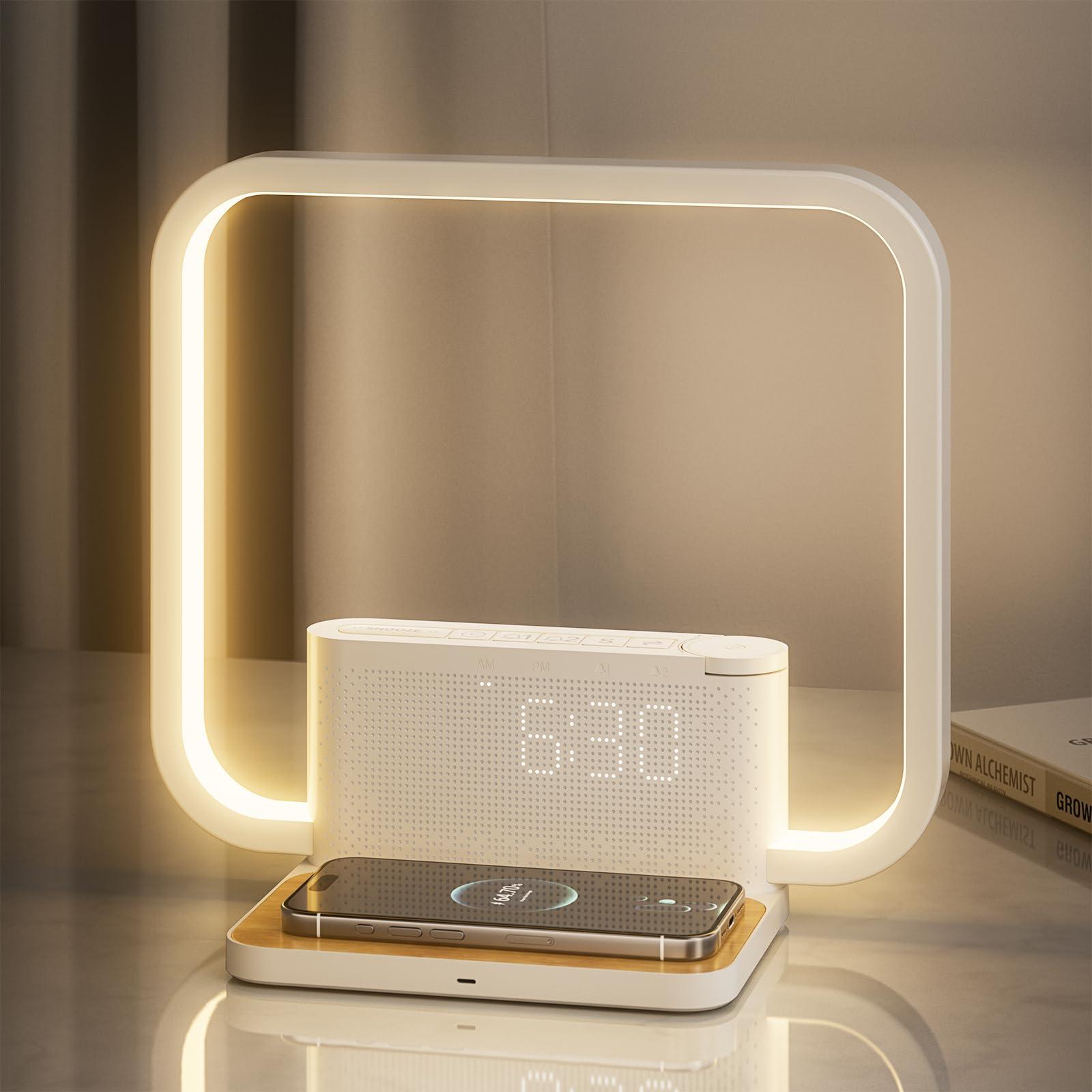 RETEYUNG RETEYUNG Bedside Lamps,Sunrise Alarm Clock for Heavy Sleepers,Table Lamp with Fast Wireless Charger Station for iPhone/Samsung,Wake Up Light Touch with Snooze/Timer/10 Natural Sounds/3 Dimmable