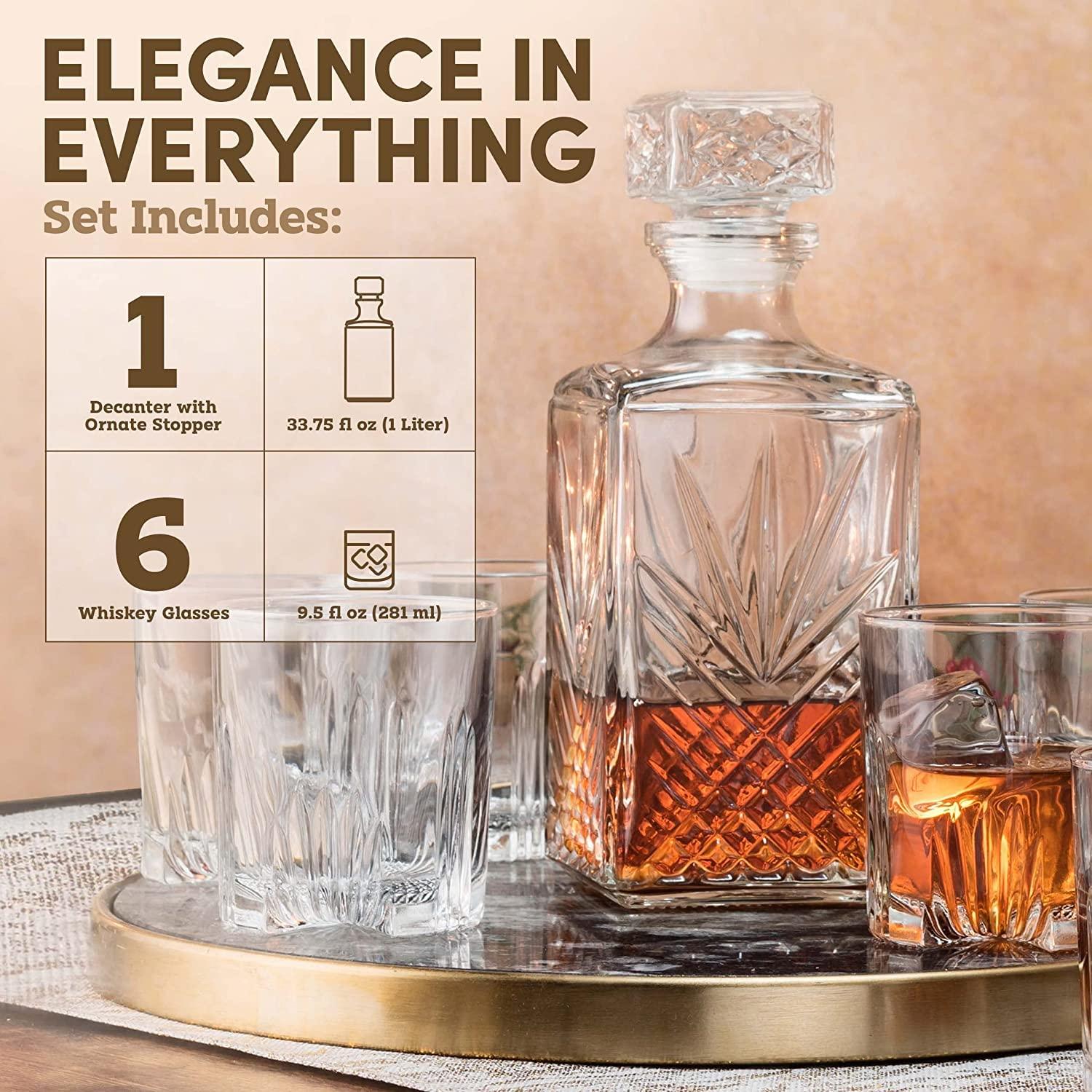 Bormioli Rocco Bormioli Rocco Selecta Collection Whiskey Gift Set – Sophisticated Etched 33.75oz Decanter & 6 9.5oz Glass Tumblers With Starburst Detailing – For Whiskey, Bourbon, Scotch & Liquor