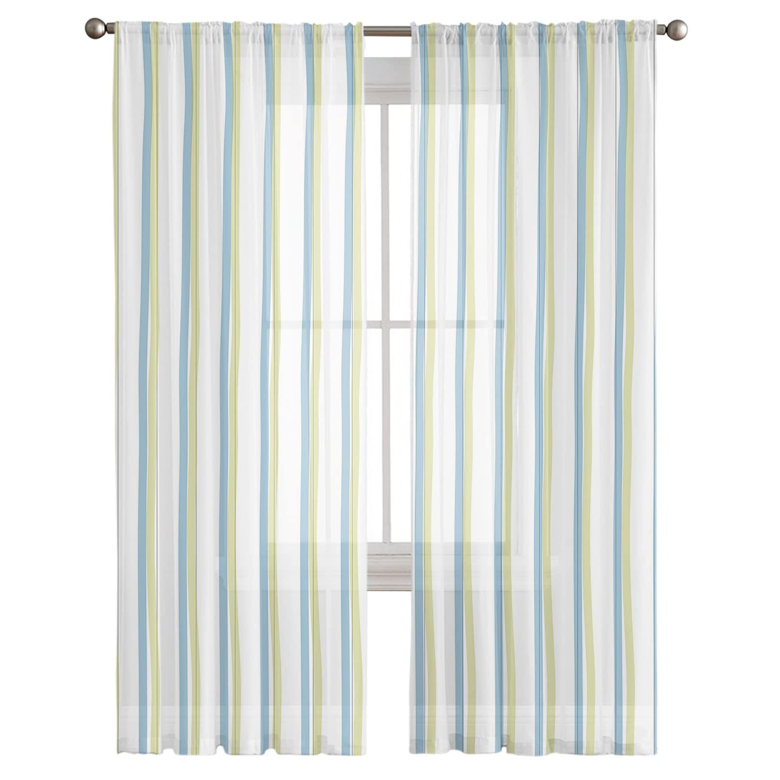 MACONAA MACONAA Sheer Curtains 84 Inches Long, Blue and Green Lines Rod Pocket Curtain for Living Room, Window Hand Drawn Art Texture Voile Drapes Chiffon Curtain for Bedroom 2 Panel