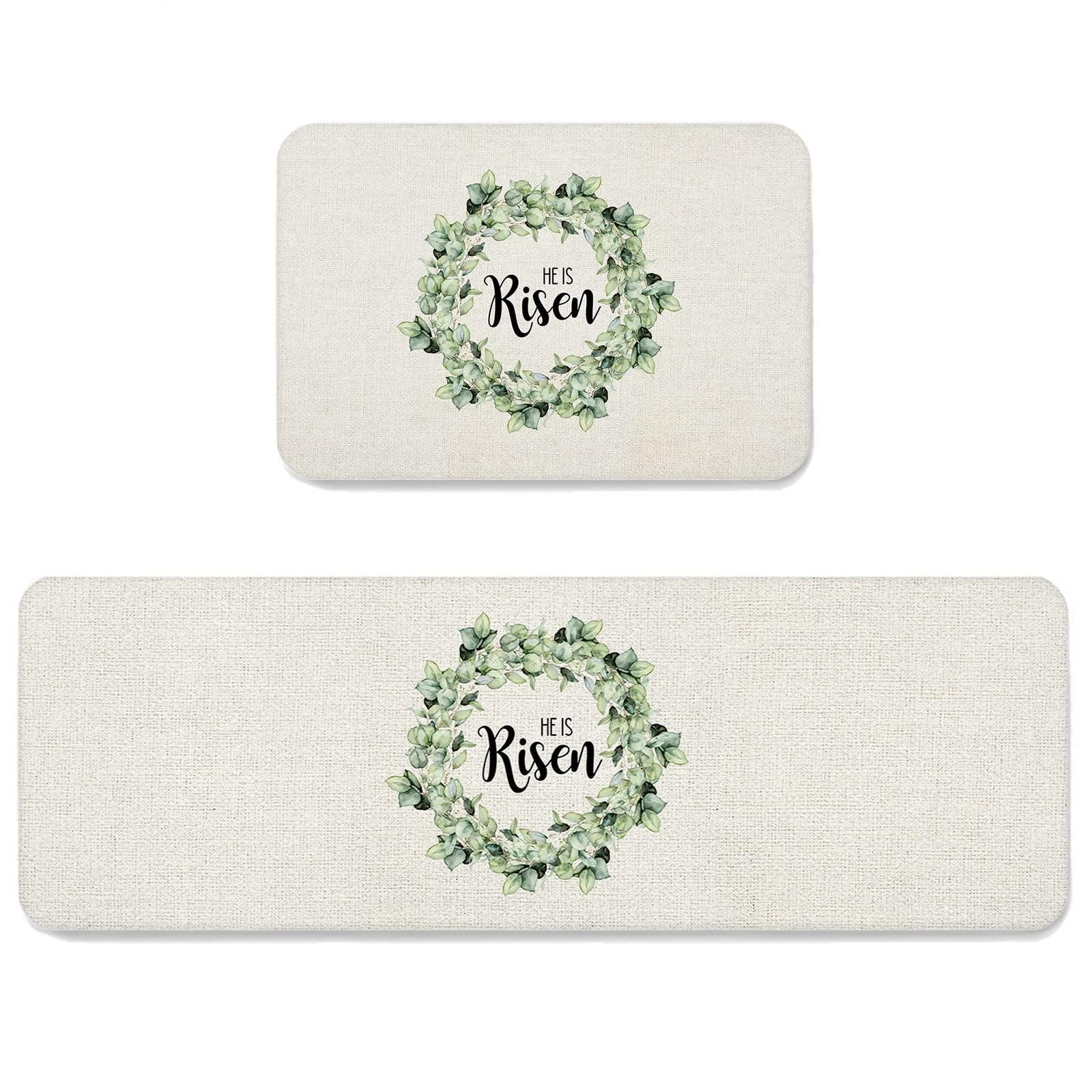 Carosoffe Easter Kitchen Rugs Set of 2 Floor Mats, Spring Eucalyptus Leaf Wreath Burlap Texture Kitchen Rugs and Mats Non Skid, Cushioned Comfort Standing Mats, 16"x24"+16"x48"