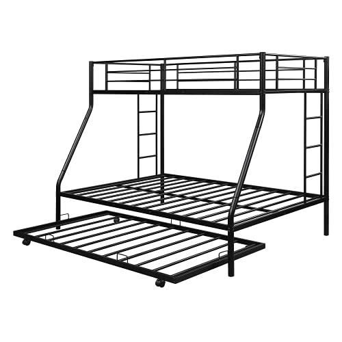 TOPAMZER Twin Over Full Bunk Bed with Trundle, Metal Bed Frame with 2 Ladders No Box Spring Needed, for Adult Boys Girls (Black)
