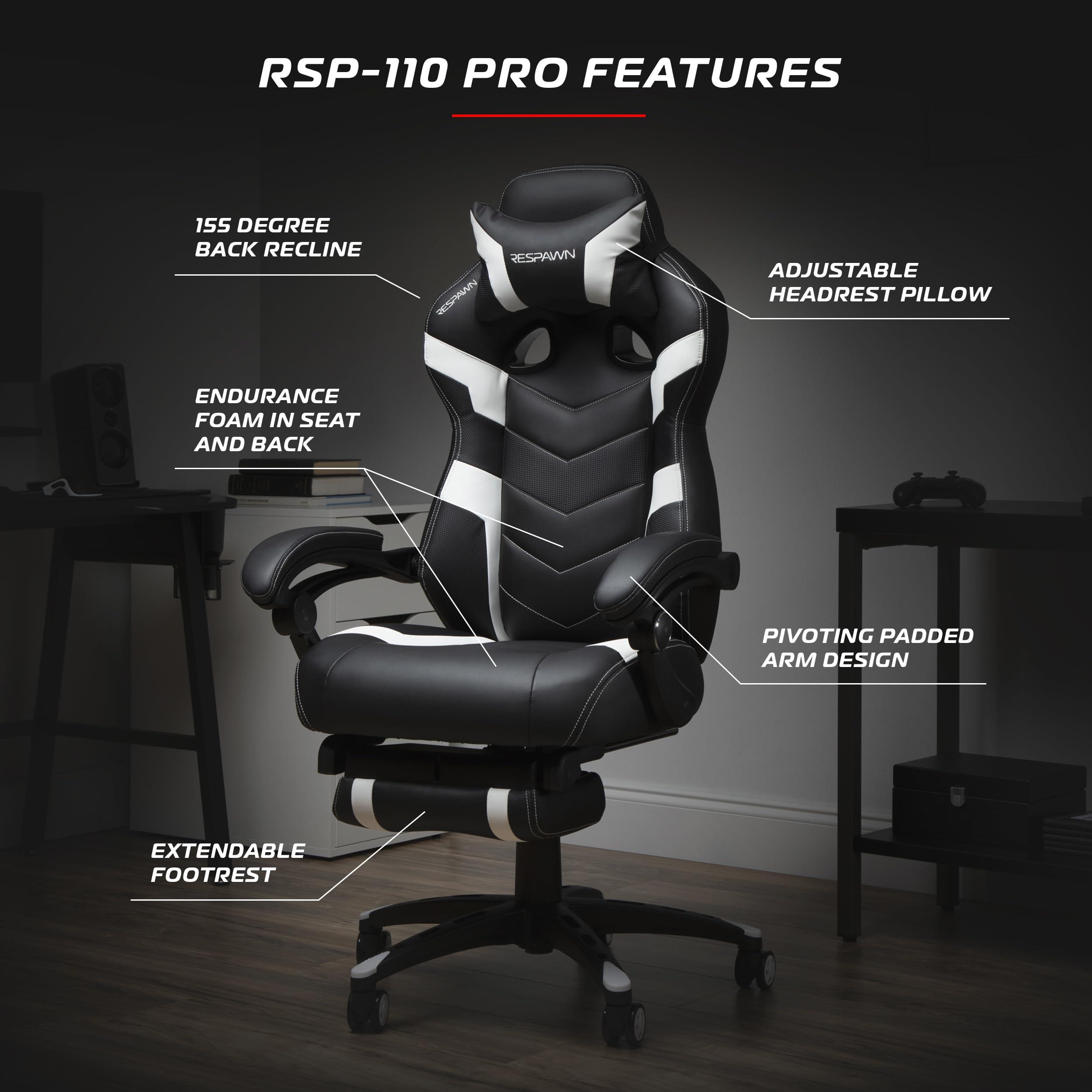 RESPAWN RESPAWN 110 Ergonomic Gaming Chair with Footrest Recliner - Racing Style High Back PC Computer Desk Office Chair - 360 Swivel, Adjustable Lumbar Support, Headrest Pillow, Padded Armrests - 2021 White